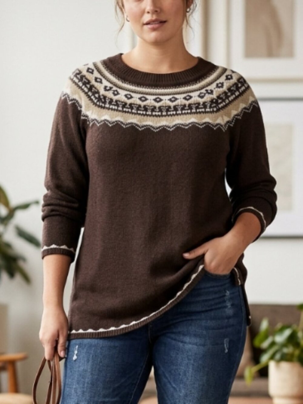 Fair Isle Scandinavian Knit Sweater S Cozy Core Winter Minimalist Chic Brown